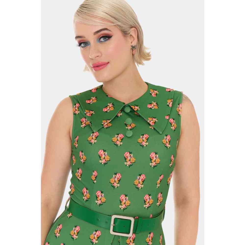 Voodoo Vixen - 60s Green Floral Cat Print Flare Kleid - Grün